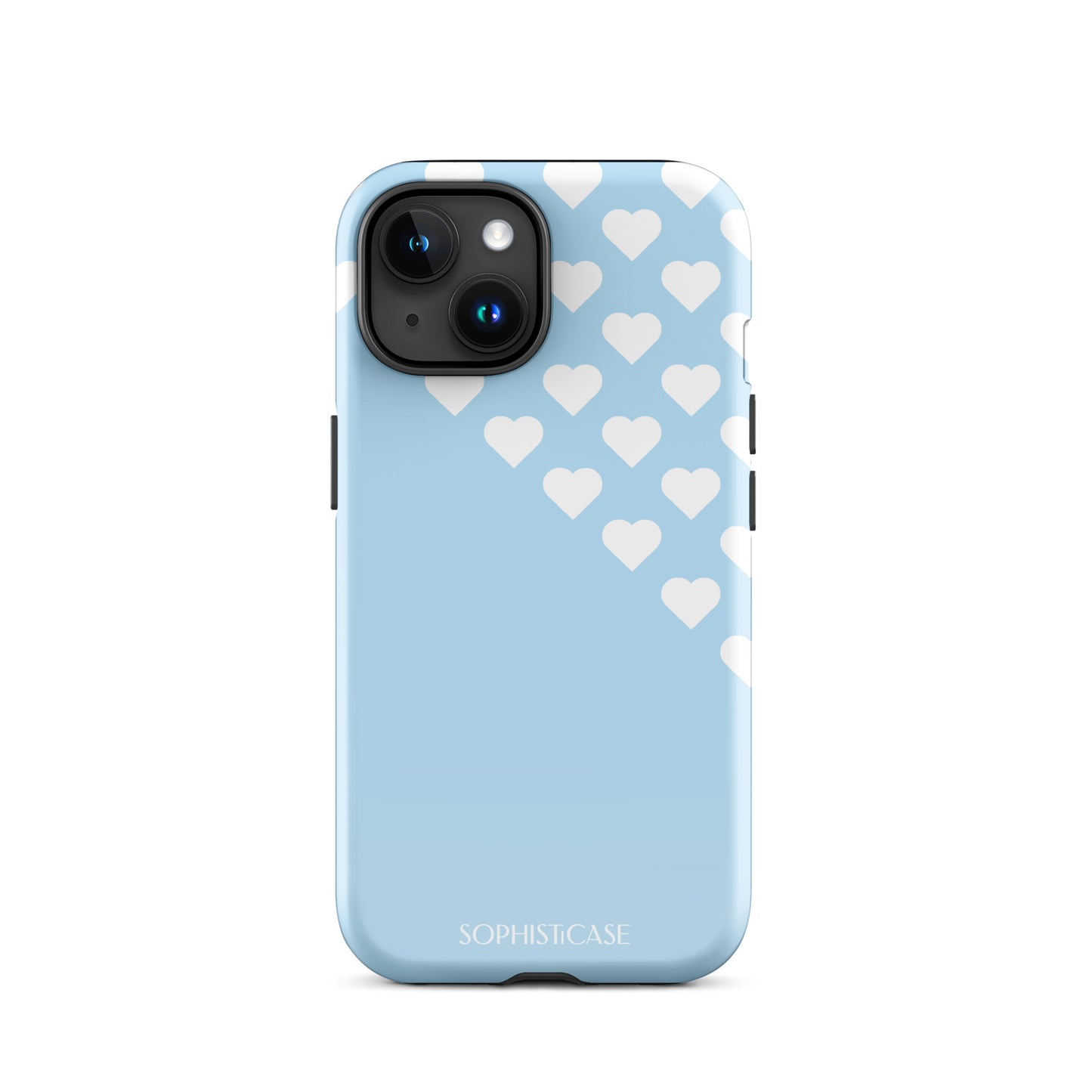 Tough Phone Case Featuring Blue Cream Tiny Hearts Design for iPhone 15 Glossy