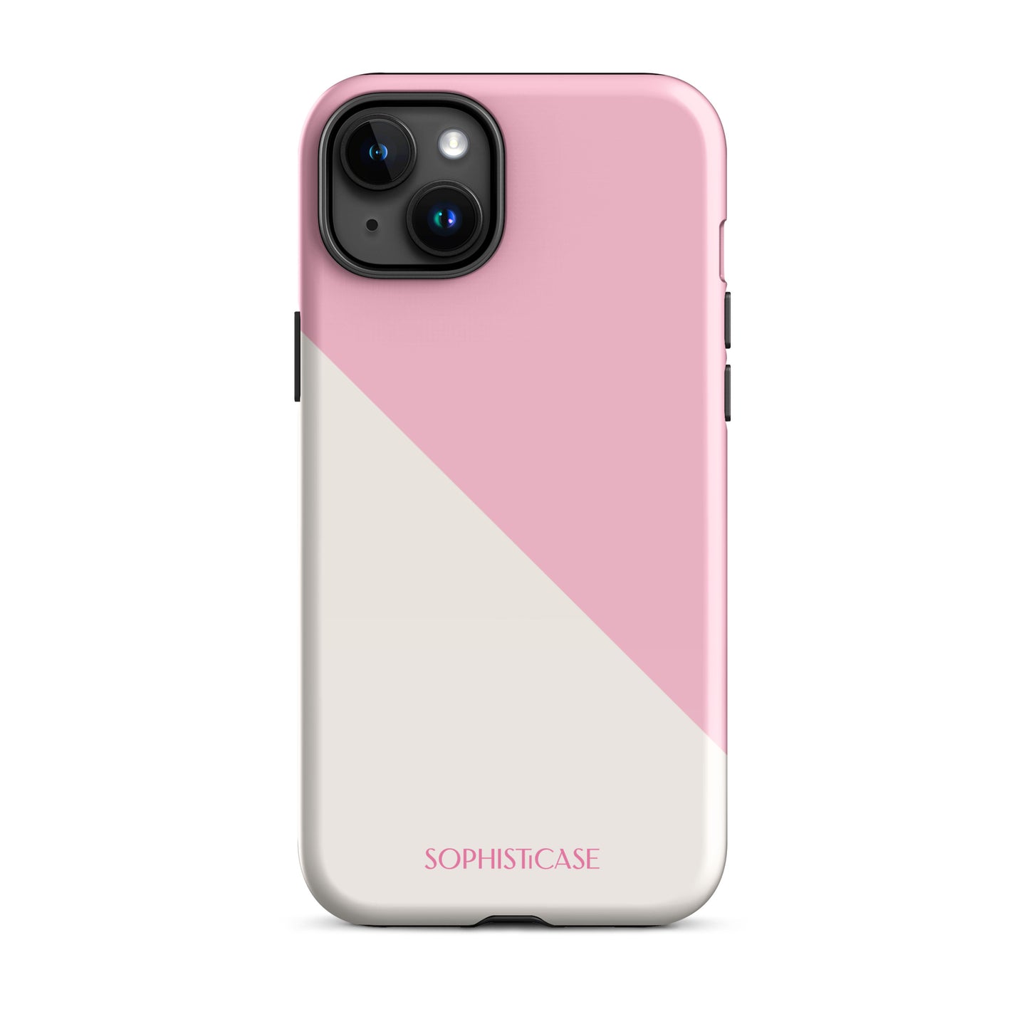 Tough Phone Case Featuring Pink Cream Diagonal Split Design for iPhone 15 Plus Glossy