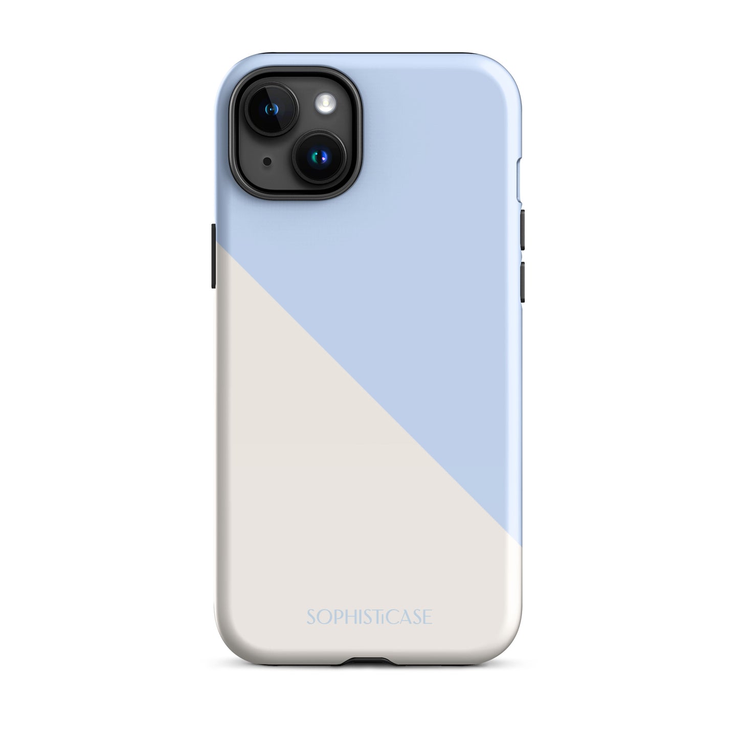 Tough Phone Case Featuring Baby Blue Cream Diagonal Split Design for iPhone 15 Plus Glossy