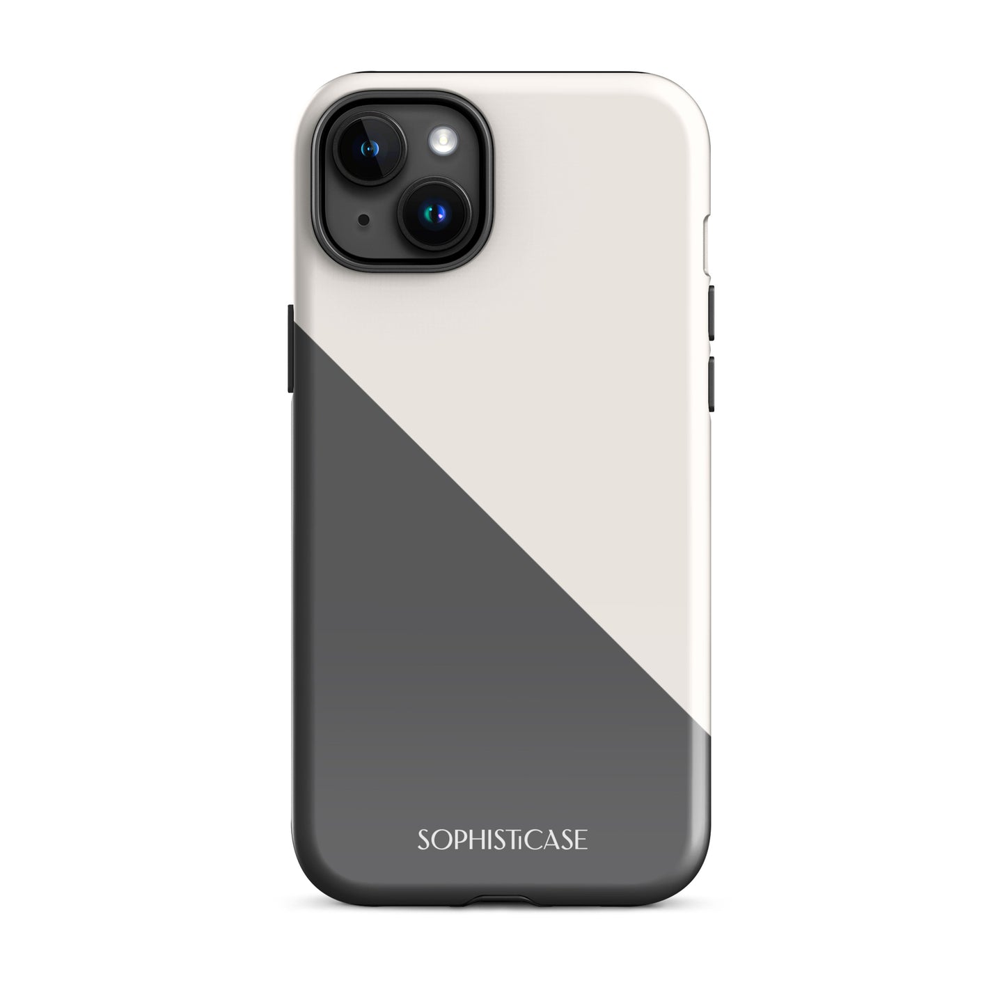 Tough Phone Case Featuring Grey Cream Diagonal Split Design for iPhone 15 Plus Glossy