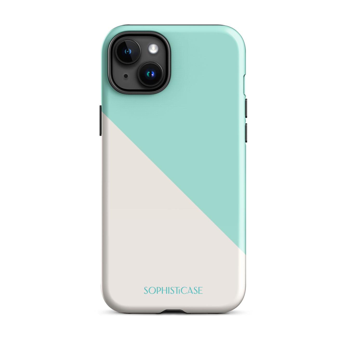 Tough Phone Case Featuring Mint Green Cream Diagonal Split Design for iPhone 15 Plus Glossy