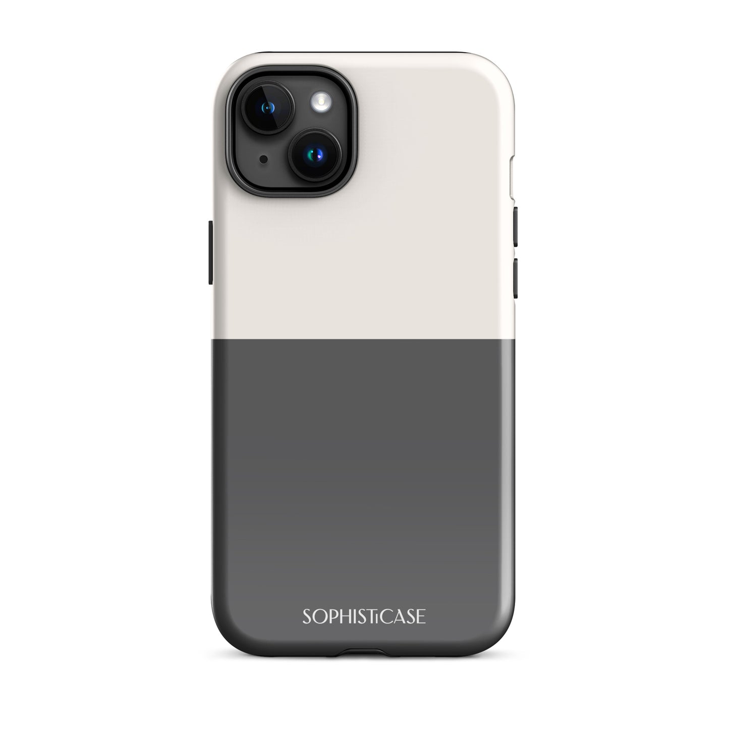 Tough Phone Case Featuring Two Tone Grey Cream Design for iPhone 15 Plus Glossy 