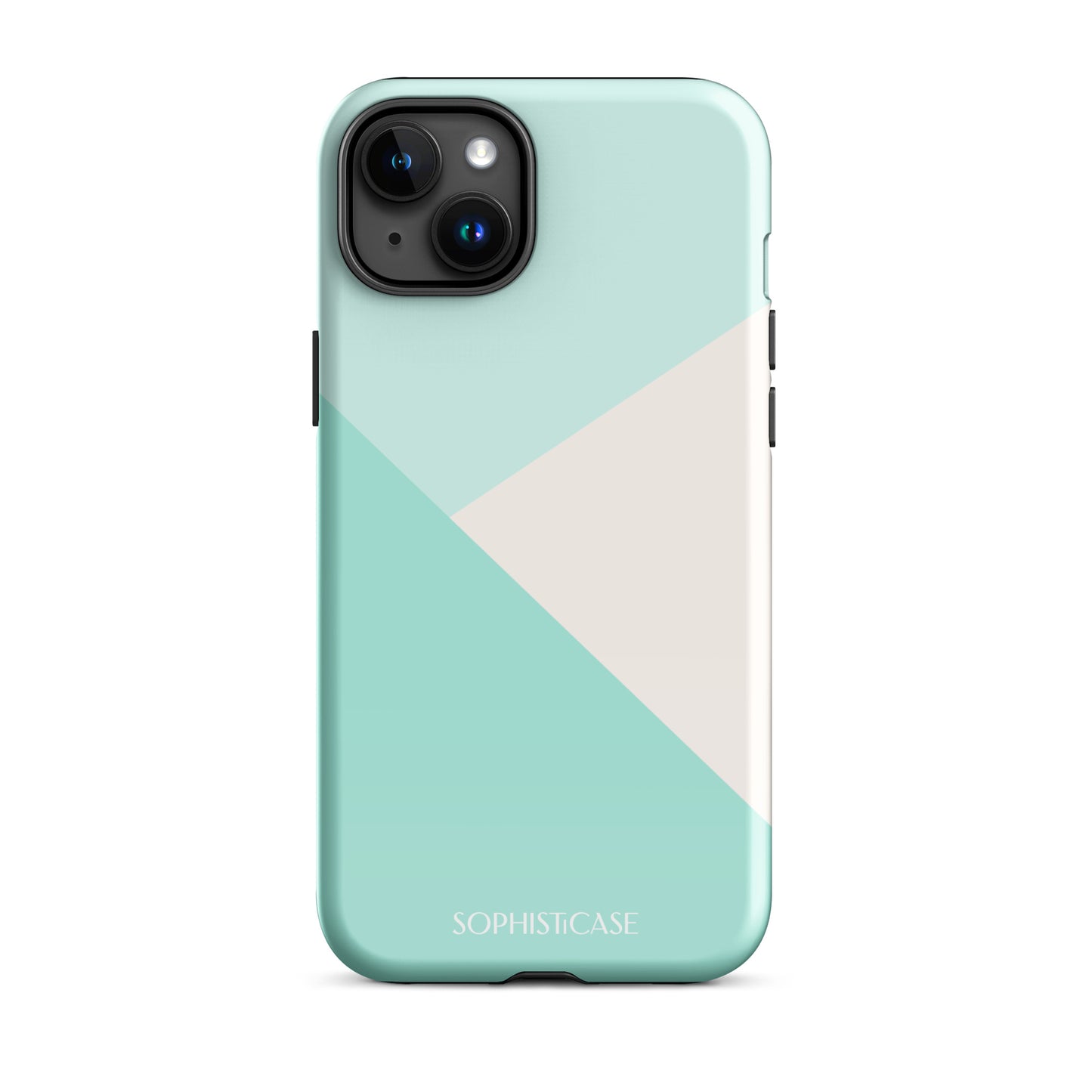 Tough Phone Case Featuring Three Tone Mint Green Cream Diagonal Design for iPhone 15 Plus Glossy