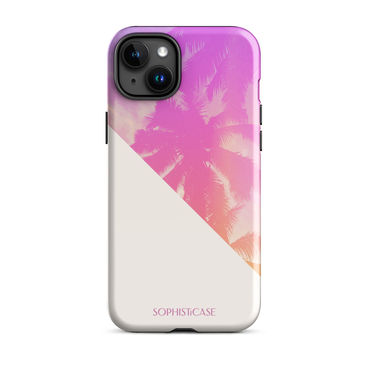 Tough Phone Case Featuring Purple Cream Summer Palm Tree Design for iPhone 15 Plus Glossy