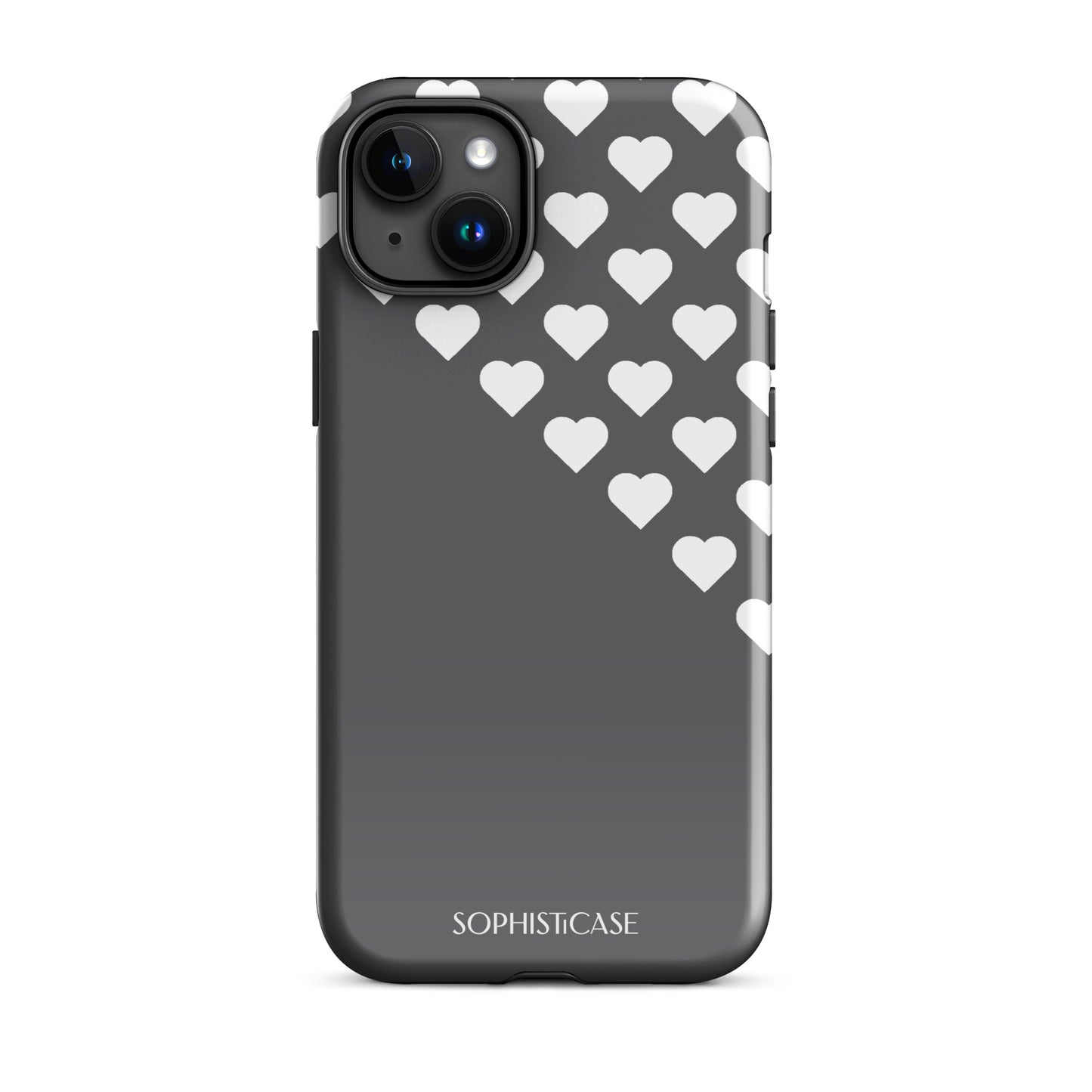 Tough Phone Case Featuring Black Cream Tiny Hearts Design for iPhone 15 Plus Glossy