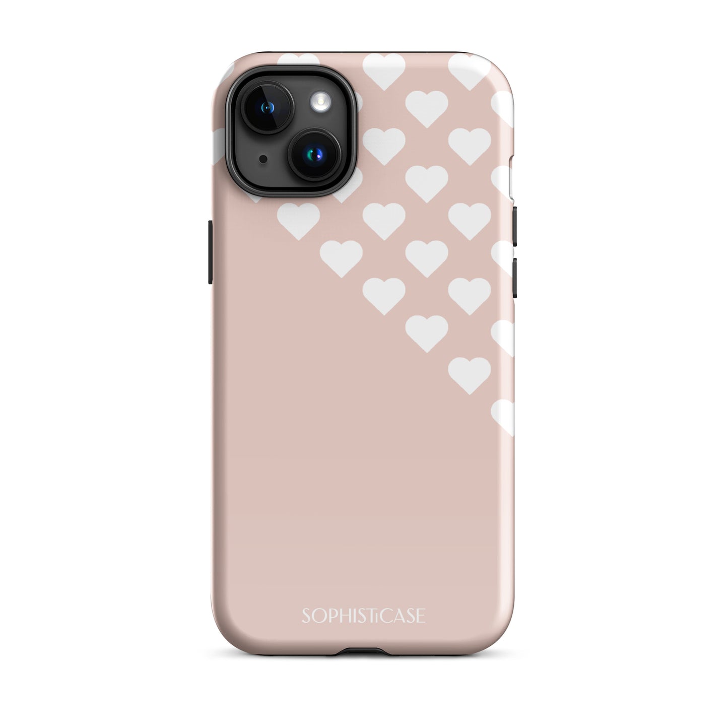 Tough Phone Case Featuring Neutral Beige Cream Tiny Hearts Design for iPhone 15 Plus Glossy