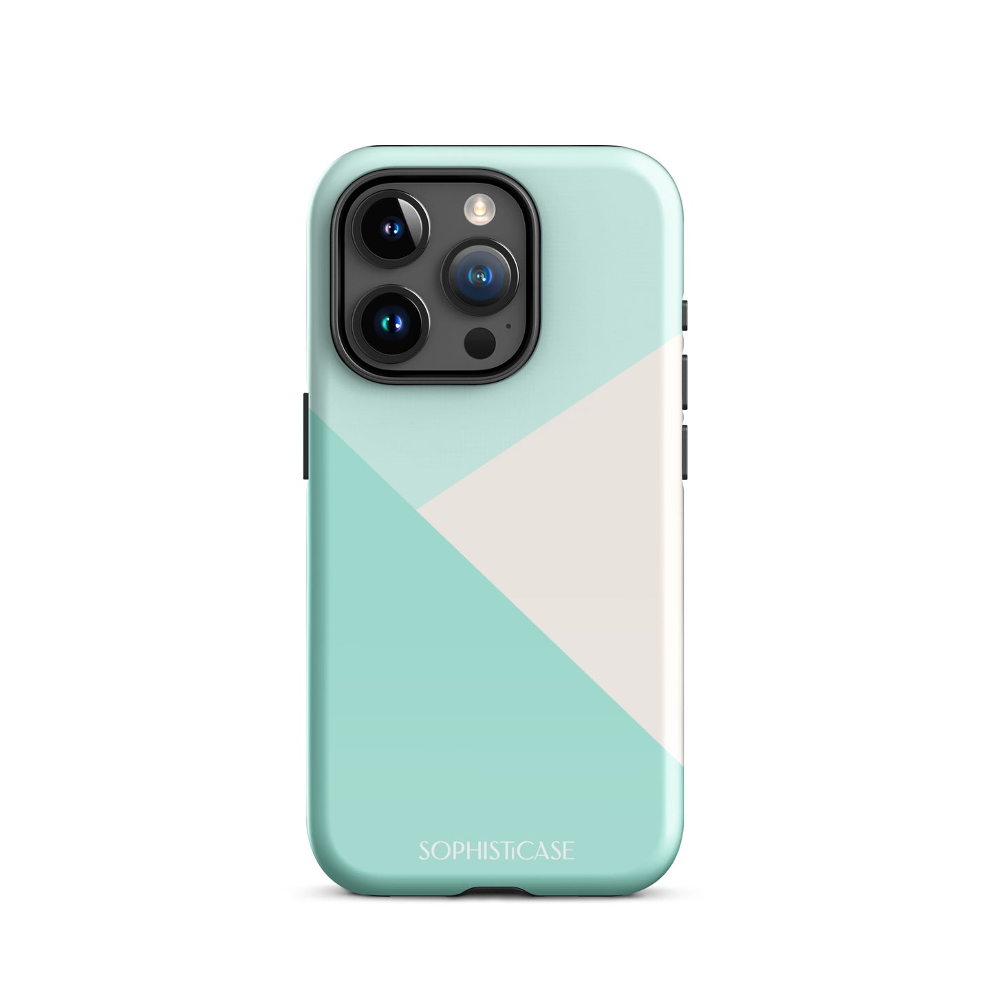 Tough Phone Case Featuring Three Tone Mint Green Cream Diagonal Design for iPhone 15 Pro Glossy