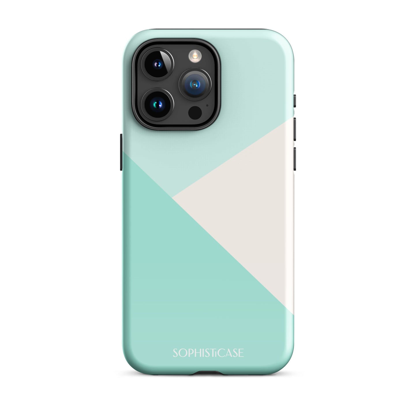 Tough Phone Case Featuring Three Tone Mint Green Cream Diagonal Design for iPhone 15 Pro Max Glossy