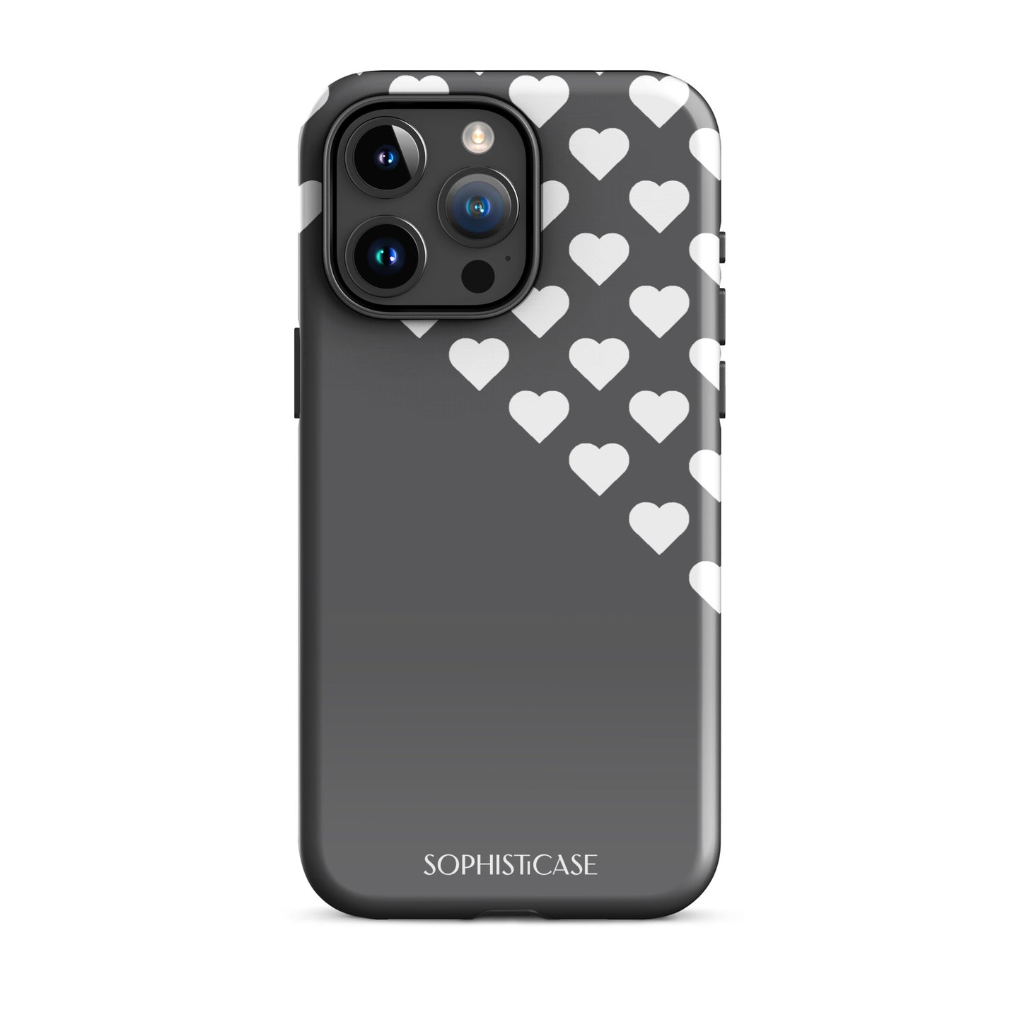 Tough Phone Case Featuring Black Cream Tiny Hearts Design for iPhone 15 Pro Max Glossy