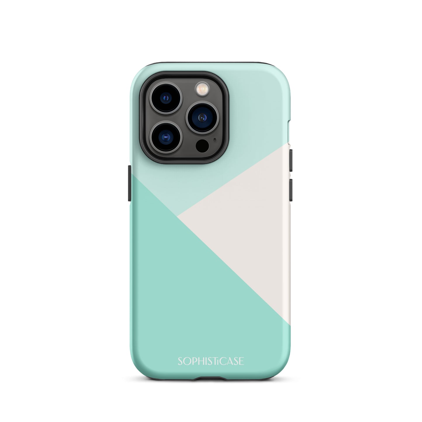 Tough Phone Case Featuring Three Tone Mint Green Cream Diagonal Design for iPhone 14 Pro Matte