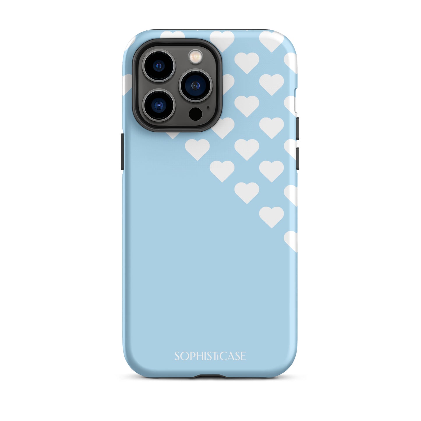 Tough Phone Case Featuring Blue Cream Tiny Hearts Design for iPhone 14 Pro Max Matte