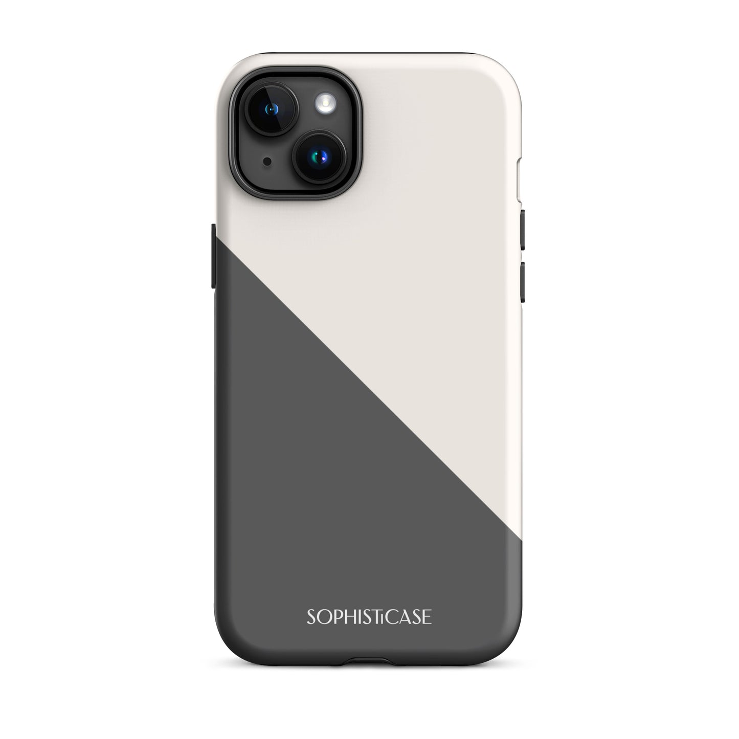 Tough Phone Case Featuring Grey Cream Diagonal Split Design for iPhone 15 Plus Matte